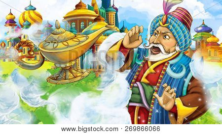 Cartoon Scene With Medieval Arabic Kingdom Prince Or King Traveling Encountering Magician Lamp - Far