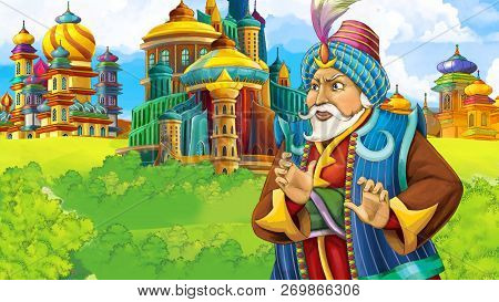 Cartoon Scene With Medieval Arabic Kingdom Prince Or King Traveling - Far East Ornaments - The Stage