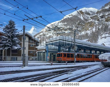 Zermatt, Switzerland - March 19, 2018: Railway Station Of Gornergrat Railway (gornergratbahn) In Zer