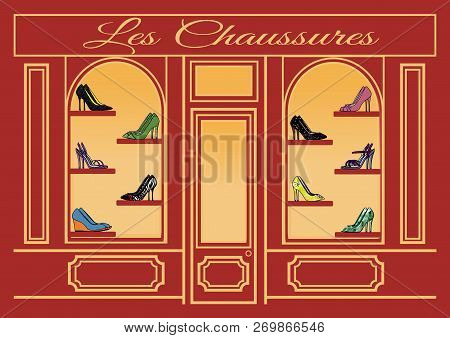 Illustration Of A French Boutique Storefront Specializing In Shoes That Are Displayed In The Windows