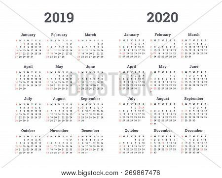 Week Starts On Monday. Calendar 2019 2020 Year - Vector Illustration.