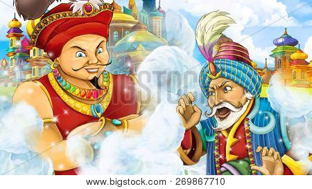 Cartoon Scene With Medieval Arabic Kingdom Prince Or King Traveling Encountering Magician - Far East