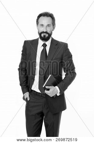 Well Organized. Businessman Planning Schedule Hold Notepad. Man Bearded Manager Smiling Face. Succes
