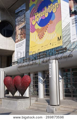 Montreal, Quebec, August 21, 2017 - Vertical Close Up Of Two Hearts Displayed In Front Of The Museum