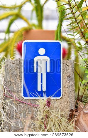 Sign For Man Toilet Bathroom / Toilet Icon Sign On Blue Background Outdoors Bathroom