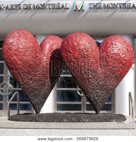 Montreal, Quebec, August 21, 2017 - Square Close Up Of Two Hearts Displayed In Front Of The Museum O