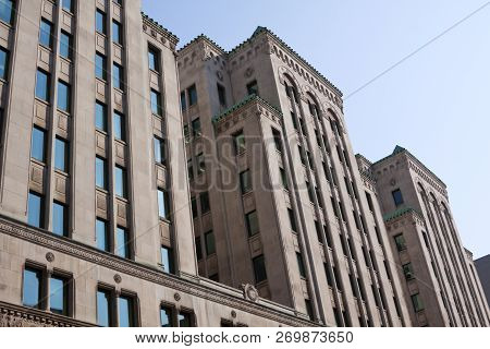 Montreal, Quebec, August 21, 2017 - Horizontal, Slightly Skewed Perspective, Of Old Building Archite