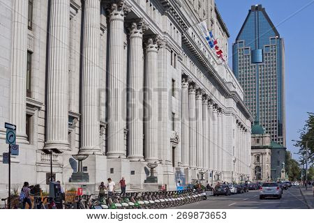 Montreal, Quebec, August 21, 2017 - Horizontal Skewed Perspective Of The Ornate Styled Architecture 