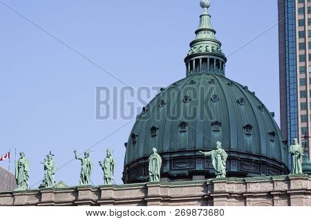 Montreal, Quebec, August 21, 2017 - Horizontal Of The Ornate Architecture And Dome Of Mary, Queen Of