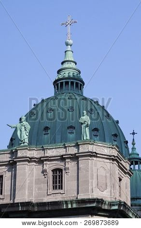 Montreal, Quebec, August 21, 2017 - Vertical Of The Ornate Architecture And Dome Of Mary, Queen Of T