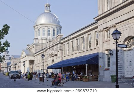 Montreal, Quebec, August 21, 2017 - Horizontal View Of The Bonsecours Market, Filled With Tourists, 