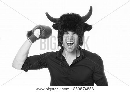 Angry As Bull. Man Shouting Face Wears Hat Of Devil Or Bull With Horns. Guy Black Shirt Angry Aggres