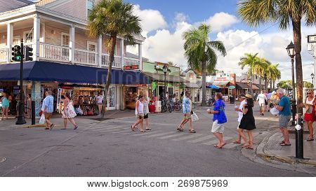 Key West, Florida - June 4th: Tourists Explore Shops Along Duval Street In Downtown Key West, Florid