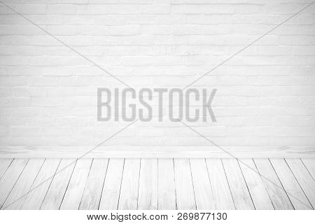 Vintage Room Interior With White Brick Wall And Wood Floor Texture Background.