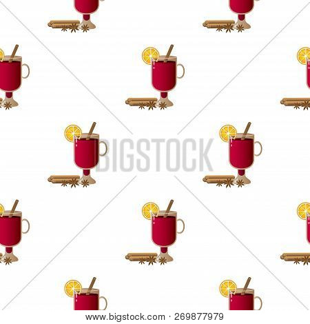 Vector Pattern Illustration With Composition Of Cinnamon Sticks, Irish Glasses With Mulled Wine, Ora