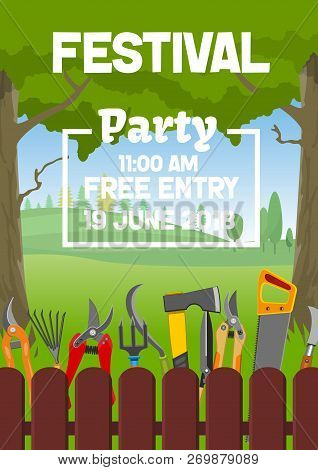 Gardening Season Festival Fair And Farmer Or Gardener Party Invitation . Vector Wooden Farm Fence Ba