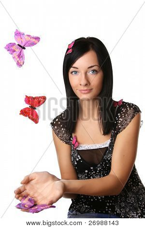 beautiful girl holding hands on the butterfly