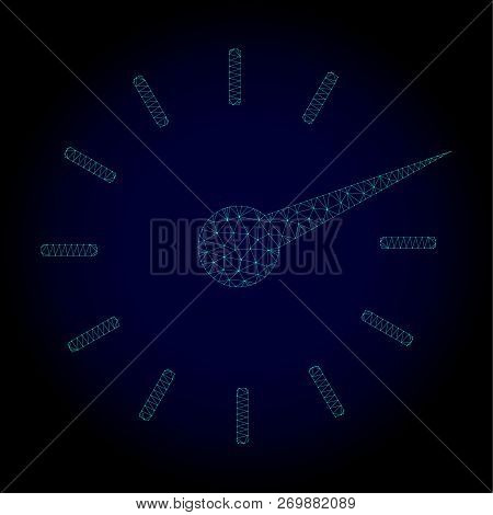 Glossy Clockface Polygonal Illustration. Abstract Mesh Lines, Triangles And Points On Dark Backgroun