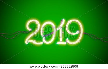 Glowing Neon Sign 2019 With Wires, Tubes And Brackets. Vector Element For New Year Card, Logo Or Oth