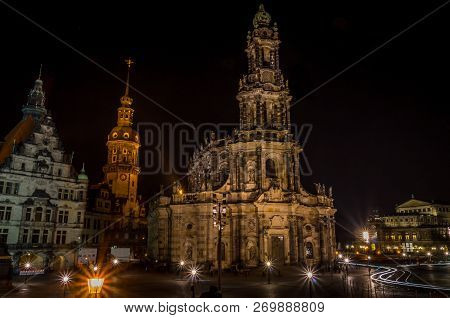 Catholic Court Church Katholische Hofkirche In The Center Of Old Town In Dresden At Night. The Long 