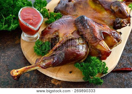 Whole Baked Flattened Chicken With A Golden Crispy Crust. 