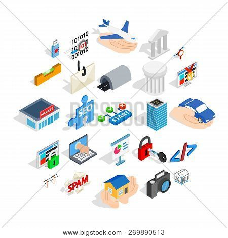 Seo Optimisation Icons Set. Isometric Set Of 25 Seo Optimisation Icons For Web Isolated On White Bac