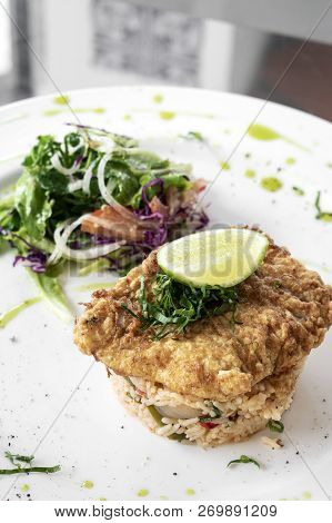 Fresh Fried Battered Cod Fish Fillet Summer Light Lunch Meal With Basque Mixed Vegetable Spicy Rice 