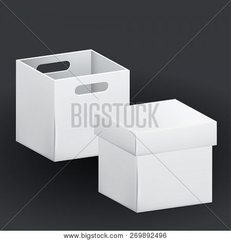 Empty White Cardboard Box Packaging Container. Tare For Transportation, Storage And Keeping. Vector 