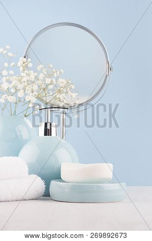 Elegant Acessories For Dressing Table - Soft Pastel Blue Ceramic Bowls, White Flowers, Circle Mirror