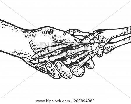 Death Skeleton Handshake Engraving Vector Illustration. Scratch Board Style Imitation. Black And Whi