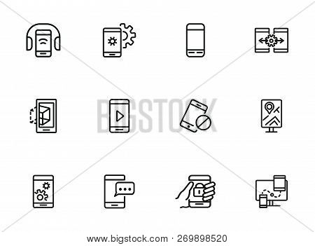 Smartphone Line Icon Set. Settings, Navigation, Multimedia Content. Mobile Technology Concept. Can B