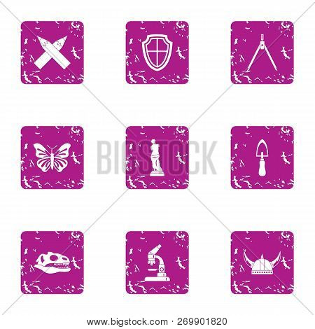 Prehistory Icons Set. Grunge Set Of 9 Prehistory Icons For Web Isolated On White Background
