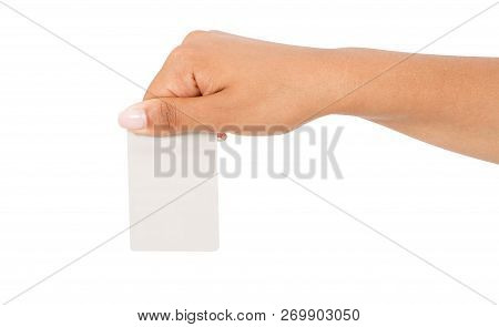 Black Hand Hold Blank Business Card, Female Arm Hold Papercard Isolated On White Background, Blank