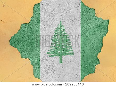Norfolk Island State Flag Broken Material Facade Structure In Big Concrete Cracked Hole
