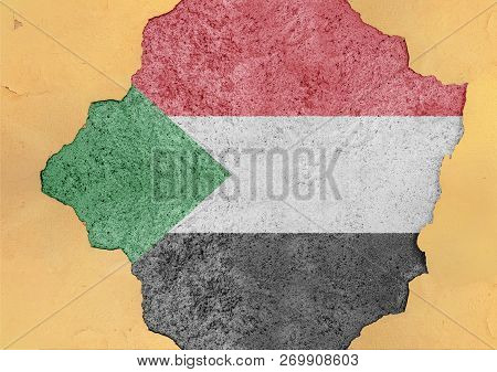 Sudan Cracked Hole And Broken Flag In Big Concrete Material Facade Structure