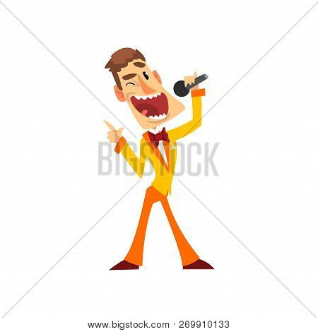 Joyful Man With Microphone, Host Of The Show Vector Illustration On A White Background