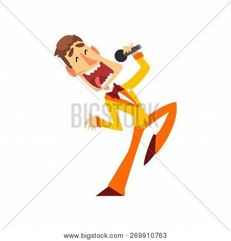 Game Show Host, Joyful Man With Microphone Vector Illustration On A White Background