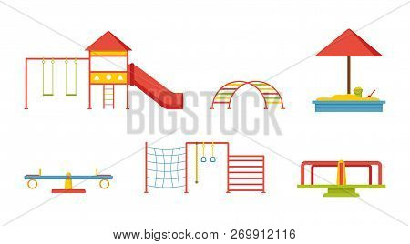Set Of Elements For Children Playground. Swings, Slide, Sandbox, Ladders, Seesaw, Carousel. Outdoor 