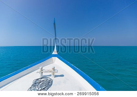 Maldives Beach Landscape, Seascape. Dhoni Boat And Tropical Paradise Island. Idyllic, Exotic Maldive