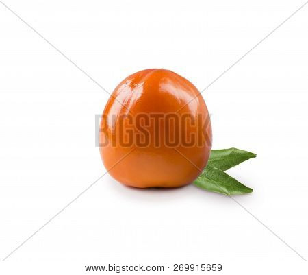 Persimmon With Copy Space For Text. Ripe And Tasty Persimmon Isolated On White Background. Persimmon
