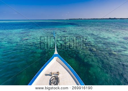 Perfect Tropical Island Paradise Beach Maldives. Long Jetty And A Traditional Boat Dhoni. Perfect Ma