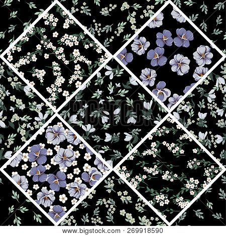 Seamless Colorful Pattern With Leaves And Bellflowers, Violet Leaves, Violaceous Flowers And Small W