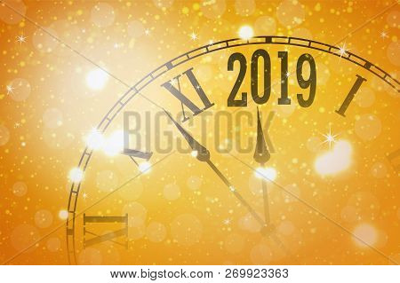 2019 New Year Shining Banner With Clock. Vector