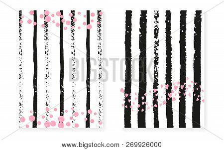 Pink Glitter Sequins With Dots. Wedding And Bridal Shower Invitation Cards Set With Confetti. Vertic