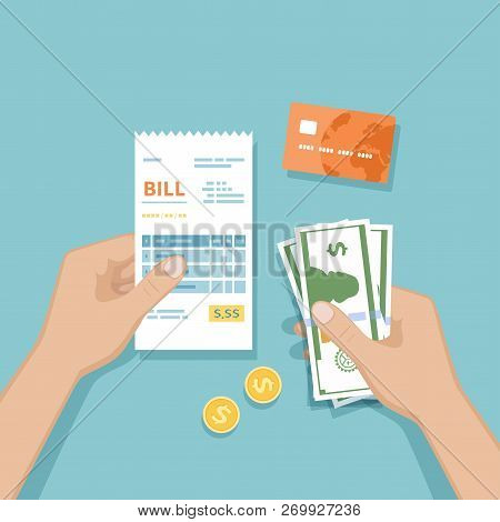 Man Hands With Bill, Cash Money, Coins, Credit Card. Illustration Purchase, Shopping, Check, Receipt