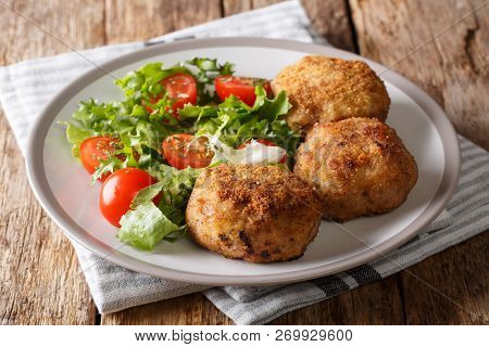 Karbonader breaded Pork Patty recipe With Fresh Vegetable Salad Close-up On A Plate. Horizontal