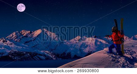 Scenic night panorama sunset landscape of Crans-Montana range in Swiss Alps mountains with peak in background, Crans Montana, Switzerland.