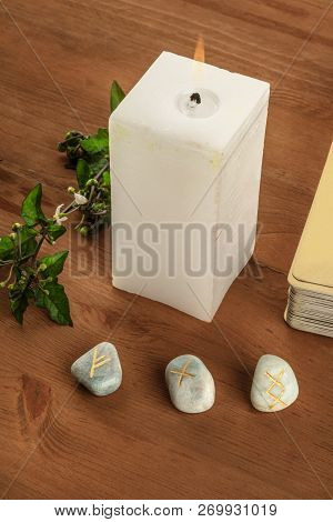 A Photo Of Ancient Norse Runes From The Futhark Alphabet, Stones With Symbols Used In Wicca And Othe