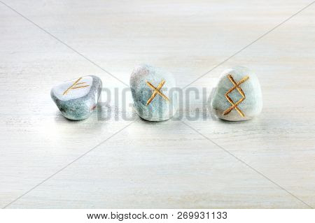 A Closeup Of Ancient Norse Runes From The Futhark Alphabet, Stones With Symbols Used In Wicca And Ot