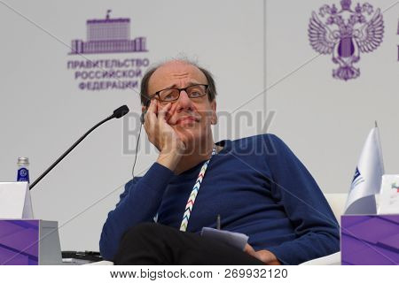 ST. PETERSBURG, RUSSIA - NOVEMBER 15, 2018: Steve Fuller, American philosopher-sociologist participates in discussion during Saint-Petersburg International Cultural Forum